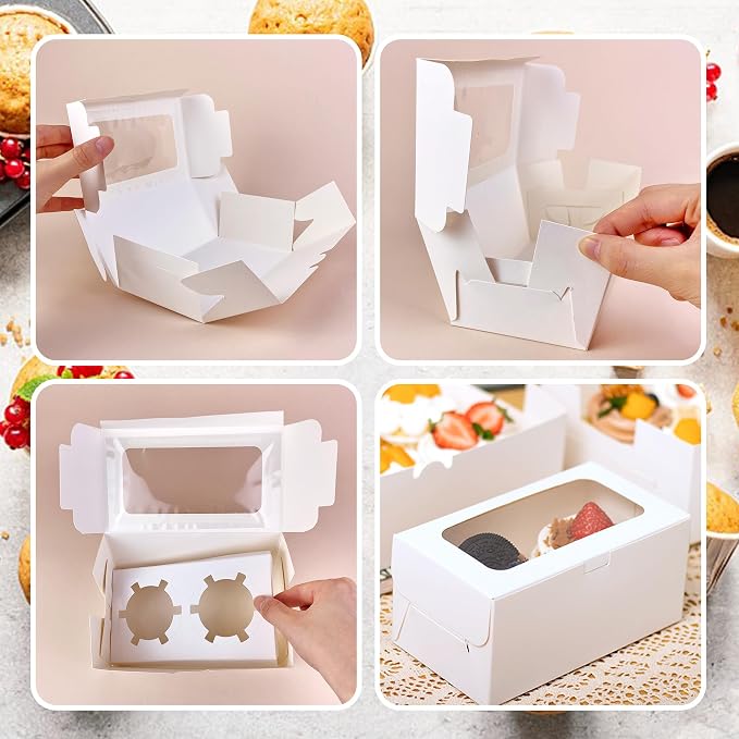 MUMULULU 10 PCS White Paper Cupcake Boxes with 2 Cavity Cookie Gift Boxes with Clear Window 2 Treat Holder Cupcake Containers Bakery Cake Box for Birthday Party Bakery Supplies