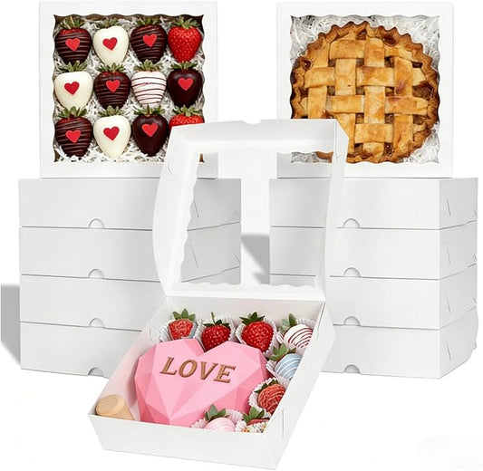 TEMLQPACK 12pcs 10x10x2.5 Inches White Bakery Boxes with Window, Pie, Cookies, Chocolate Covered Strawberries, Breakable Heart, Charcuterie Boxes for Christmas