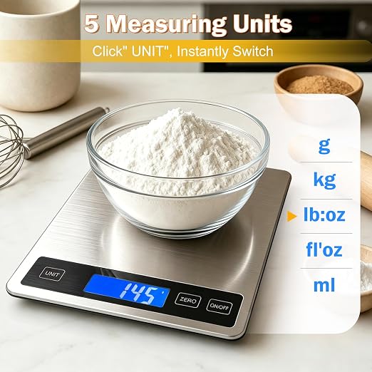 33lb Food Scale, Digital Kitchen Scale Batteries and USB Charging,1g/0.05oz Precise Graduation, Waterproof Stainless Steel with LCD Display Weight Grams and oz for Cooking Baking (Stainless Steel)