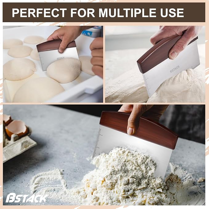 Bench Scraper Stainless Steel Dough Scraper with Ergonomic Wooden Handle Vegetable Chopper for Multipurpose Kitchen use for Pizza, Bread and Cookie Dough Cutter.