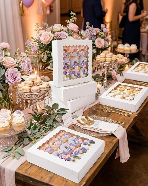 Bakepacker 55pcs White Pie Boxes 8x8x2.5 inches Easy Assemble Macaroon Bakery Boxes Cookie Boxes with Window for Bakery (Auto-pop Up)