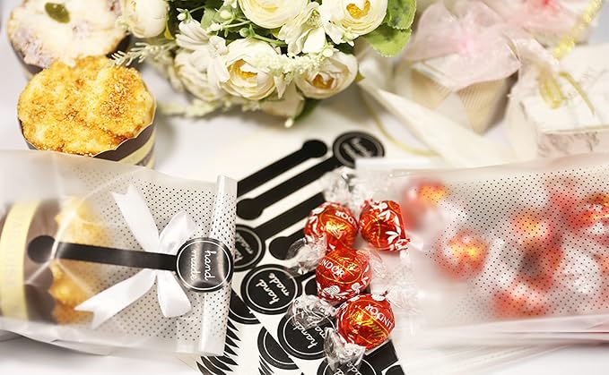 SAILING-GO 100 pcs./Pack Translucent Plastic Bags for Cookie,Cake,Chocolate,Candy,Snack Wrapping Good for Bakery Party with Stickers