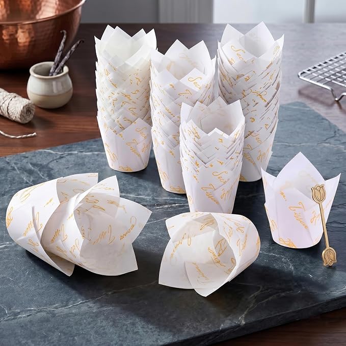 200 Pcs White Tulip Cupcake Liners for Baking, White Letters | Standard Greaseproof Tulip Muffin Liners for Baking, 3oz White Paper Cupcake Wrappers for Party Wedding Birthday