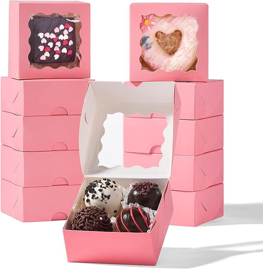 100 Pack 3.25x3.25x1.5 inches Pink Small Cookie Boxes with Window - Mini Cake Pie Macaron Donut Chocolate Truffle Treat Boxes for Valentine's Day Wedding&Birthday Party Favor