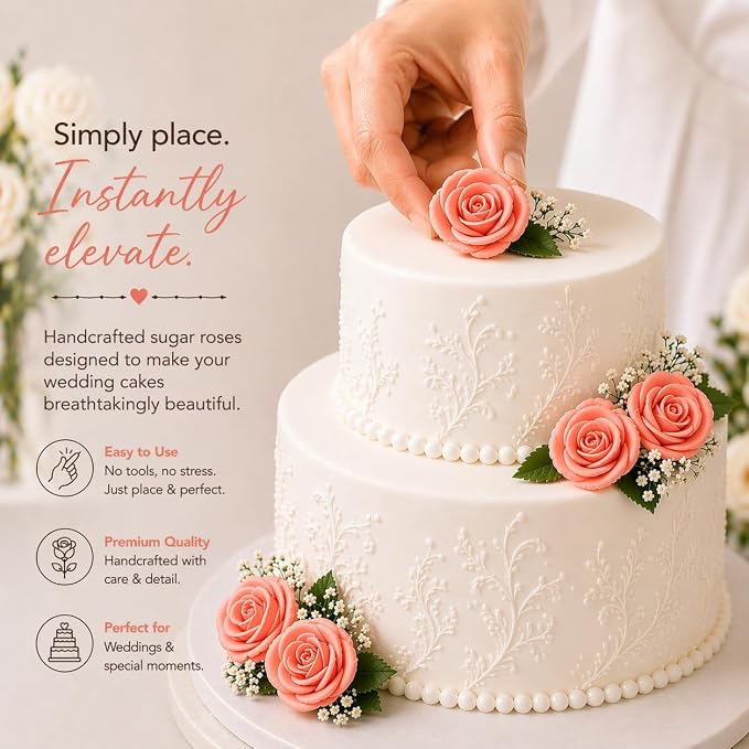 Confect Edible Rose Topper – Salmon Pink Roses for Cake, Cupcake & Doughnut Decoration – Pack of 12 Edible Floral Toppers- Vegan, Gluten-Free, Nut-Free, Soy-Free, Dairy-Free, Palm Oil-Free