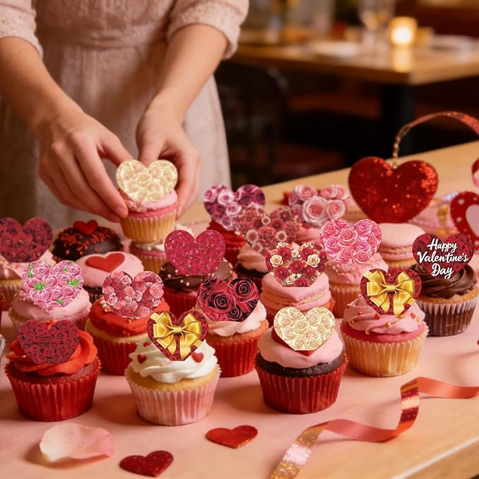 56PCS Edible Floral Heart Cupcake Toppers Wafer Paper Roses Heart Cupcake Picks Happy Valentine’s Day Cake Decor for Valentine's Day Theme Engagement Party Supplies