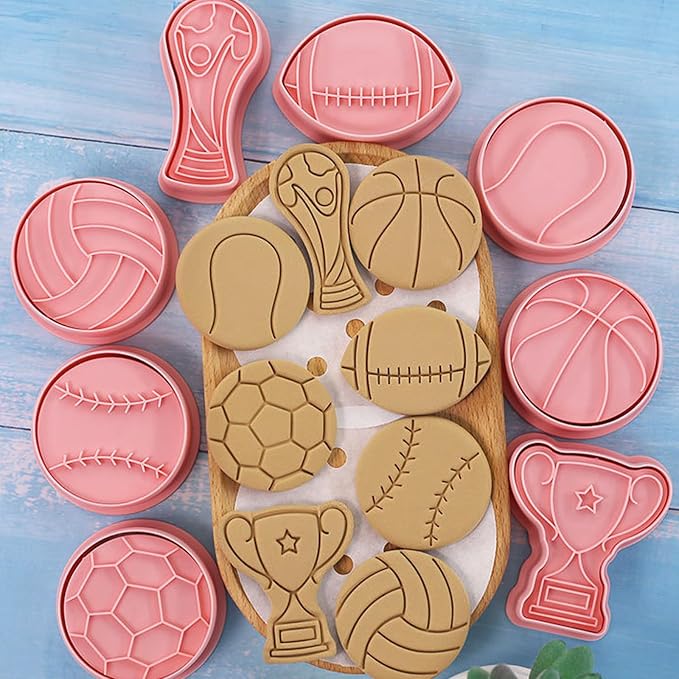 8 Pcs Sports Ball Cookie Cookie Stamps with Plunger Cutters Set 3D Cartoon Cute Soccer Basketball Biscuit Cutter Cookie Stamps for Party Baking Decorating Fondant Muffins Cheese Candy