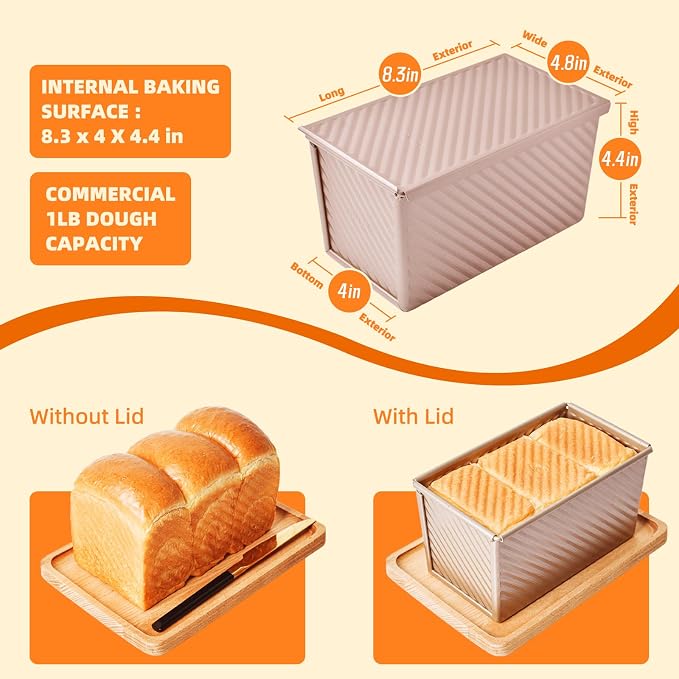 SUNCITY SUNCTY Pullman Loaf Pan with Lid, 1 lb Dough Capacity Non-Stick Bakeware for Baking Bread, Gold Toast Box Mold with Cover, 8.5 x 4.7 x 4.3 Inch