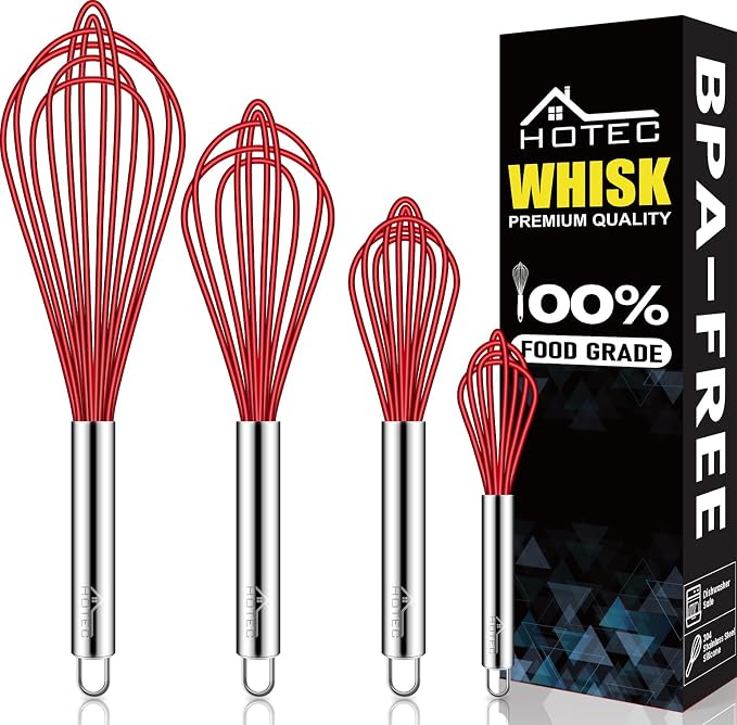HOTEC 4 Pieces Silicone Whisks Set, Wire Balloon Whisks for cooking Egg Beater, Non-slip Handle Whisk for Non-stick Cookware Perfect for Cooking, Stirring, Beating and Blending,Red