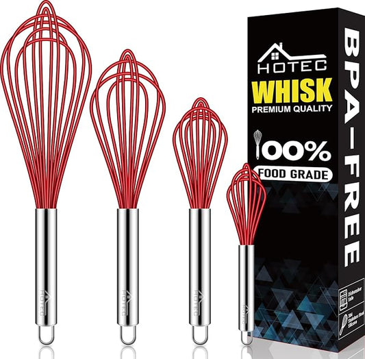 HOTEC 4 Pieces Silicone Whisks Set, Wire Balloon Whisks for cooking Egg Beater, Non-slip Handle Whisk for Non-stick Cookware Perfect for Cooking, Stirring, Beating and Blending,Red