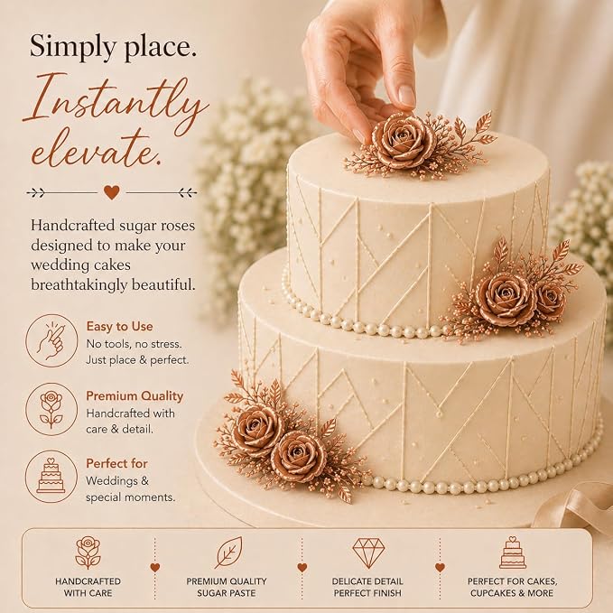 Confect Metallic Edible Copper Roses | Edible Cupcake Toppers | Edible Flower For Cake Decorating | Pack Of 12 Edible Metallic Sugar Flowers for Cake Decorating- Vegan, Soy-Free, Dairy-Free
