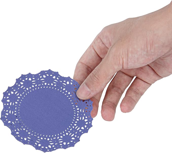 Restaurantware-Pastry Tek 4 x 4 Inch Paper Lace Doilies, 100 Round Disposable Table Doilies - Elegant Lace Finish, Long Lasting, Purple Paper Lace Doilies, for Pastries, Cupcakes, Desserts