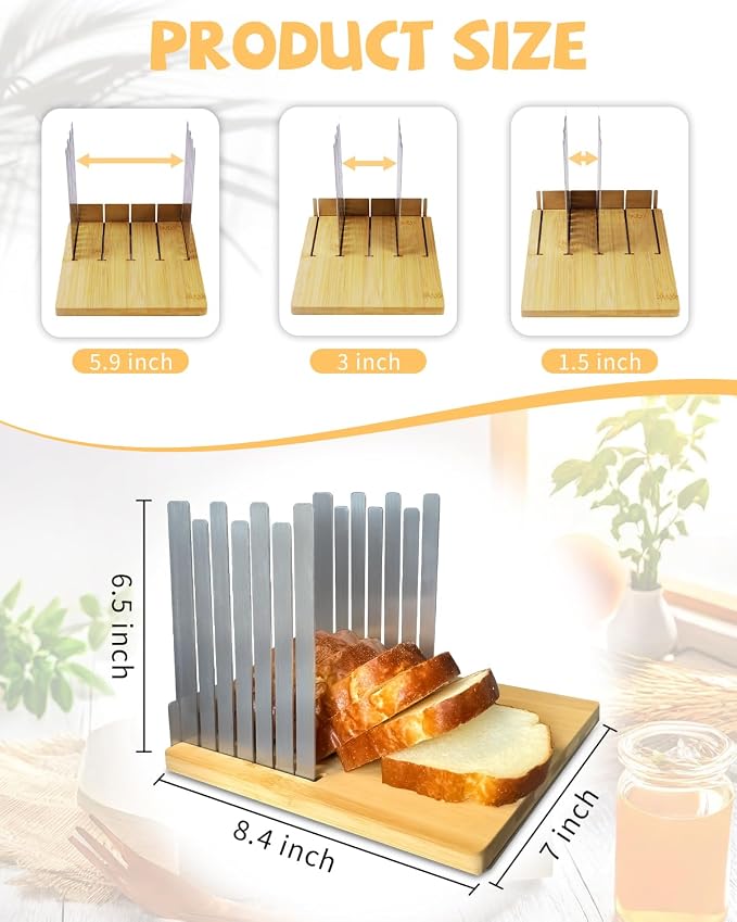 Bread Slicer for Homemade Bread, Adjustable Stainless Steel Bread Slicing Guide Bamboo Bread Slicer for Sandwich Toast Bread Bagels Cake
