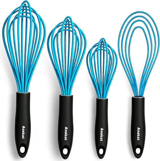 Anaeat Silicone Kitchen Whisk Set of 4, Perfect for Non-Stick Cookware, Milk and Egg Beater Blender for Whisking, Cooking, Baking, Beating - 11'' Flat Whisk and 9''+11''+12'' Balloon Whisks (Blue)