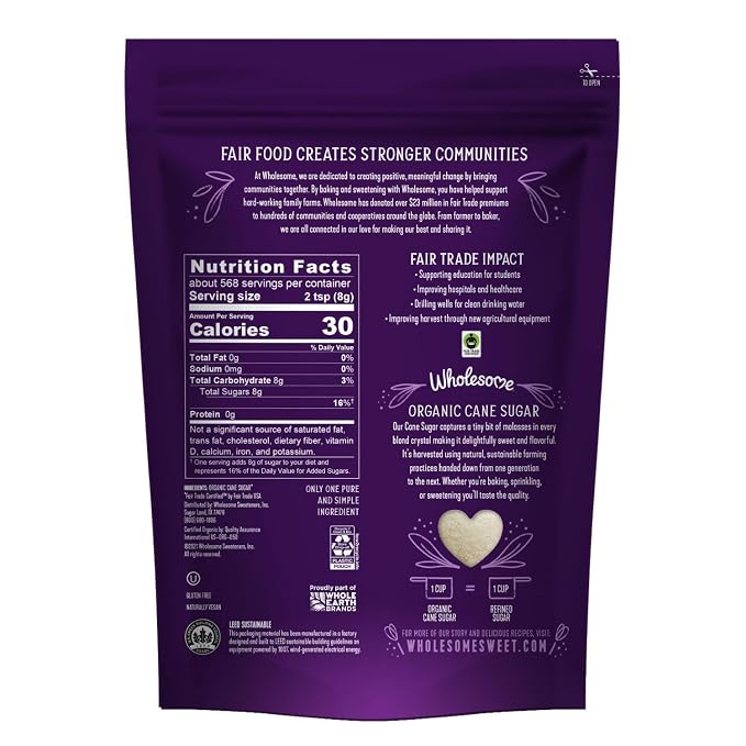 Wholesome Sweeteners 10-Pound Organic Cane Sugar, Fair Trade, Non GMO, Gluten Free, Pure & Vegan, for Baking and Sweetening, Pack of 4
