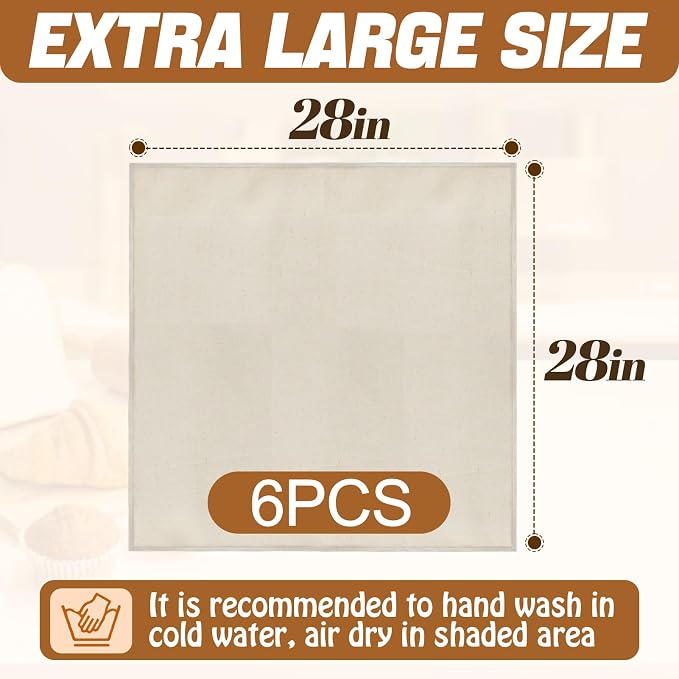 6Pcs 28"x28" Large Tea Towels for Sourdough Bread Baking - 100% Cotton Unbleached Reusable Flour Sack Towels, Proofing Cloth Supplies for Baguettes, Loaves, Ciabatta Dough Rising