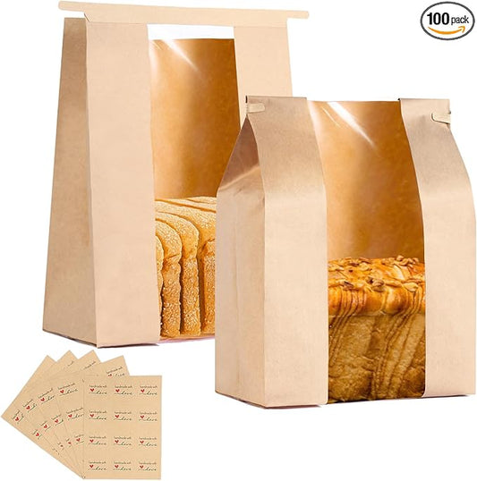 100 Pack Large Paper Bread Bags for Homemade Bread with Tin Tie Tab Lock,14" x 8.3" x 3.5" Sourdough Kraft Loaf Bag with Clear Front Window,Label Seal Sticker Included