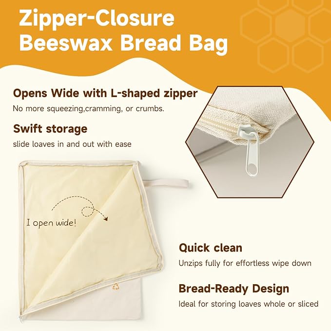 Beeswax Bread Bag Set of 2, 12.6"x17" Sourdough Bread Storage, Reusable Linen Bags with Wide Zipper Freezer Safe for Homemade Artisan Loaves