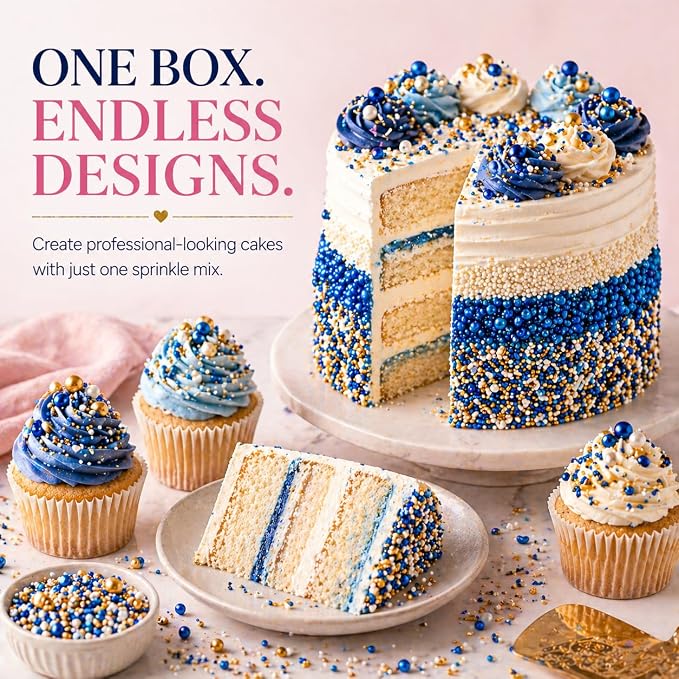 Confect Edible Sprinkles – Marine Royalty Theme – Assorted Pack with Navy Blue & Champagne Gold Dragees, Gold Jimmies & Bright Blue Sparkling Sugar – Sprinkles for Cake Decorating- Vegan, Gluten-Free, Nut-Free, Soy-Free, Dairy-Free, Palm Oil-Free-5 Oz
