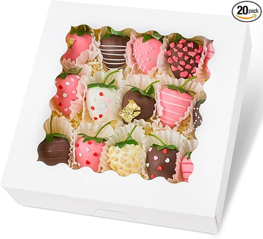Kucoele Pie Boxes, 9 x 9 x 2.5 Inches, 20 PCS, White | Auto-Popup, with Window, Bakery Boxes, Cookie Boxes, Treat Boxes, For Chocolate Strawberries, Pastries, Muffins, Donuts