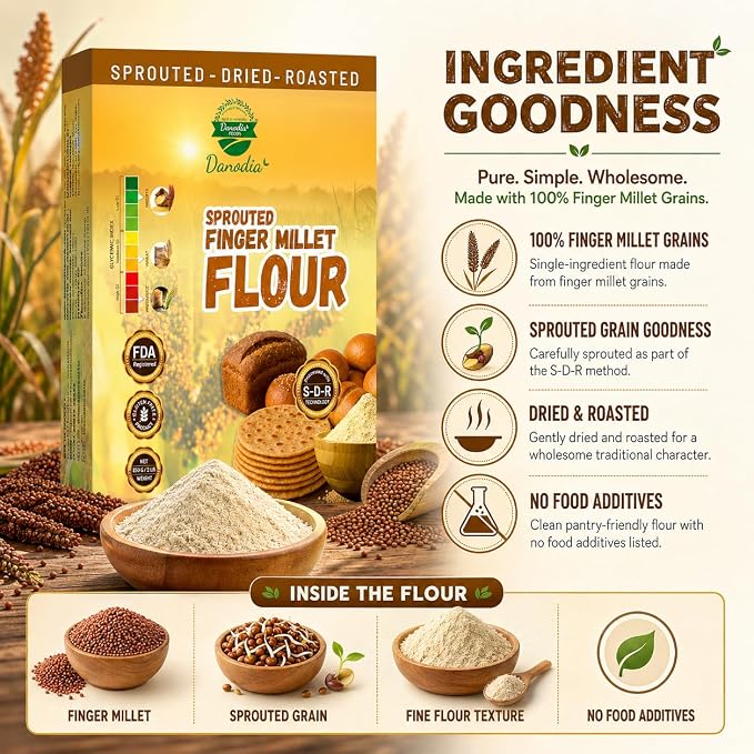 Danodia Foods Organic Finger Millet Flour 2lbs | Gluten Free, Low GI, Sprouted, Roasted & Ground Millet Flour for Flatbread, Pancakes & Baking, Cookies, Pizza Base