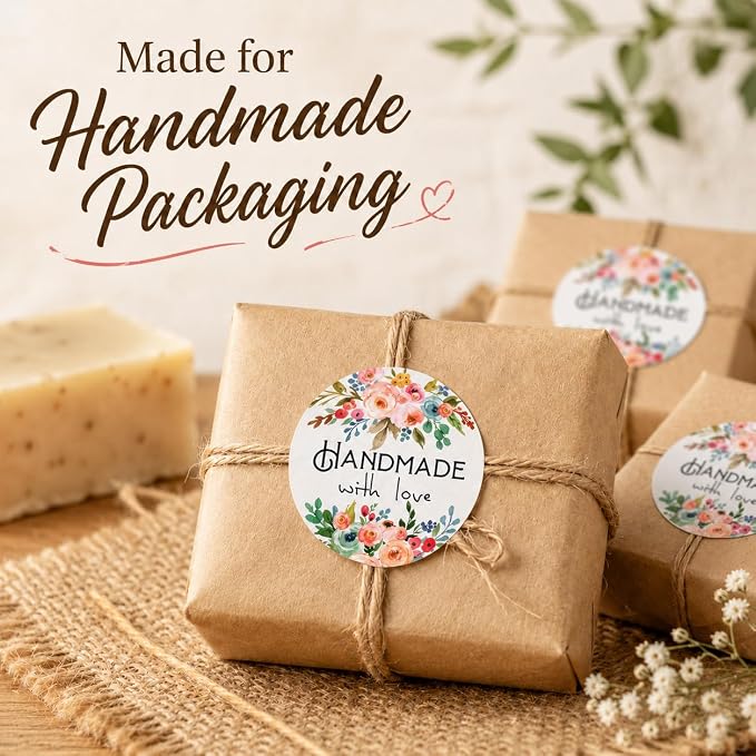 Handmade Floral Stickers Labels: Strong Adhesive 120 Pcs 1.6" Round Seals for Bakery Treat Bags Gift Wrap Envelope Closing for Small Business Packaging Wedding Shower Favors