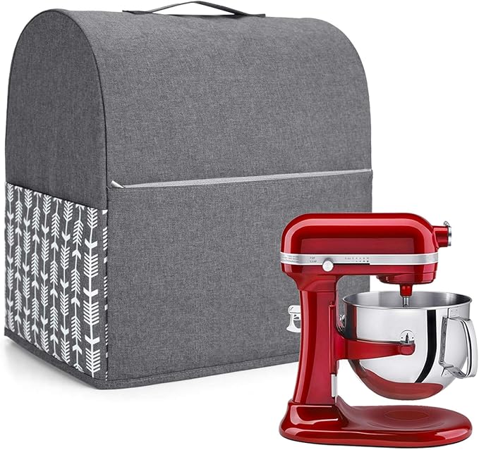 YARWO Stand Mixer Dust Cover Compatible with KitchenAid Mixer 6-8 Quart | Top Handle, Side Pockets for Kitchen Supply, Dust-proof Protective Cover for Bowl-Lift 5.5/6/7 qt, Washable, Gray with Arrow