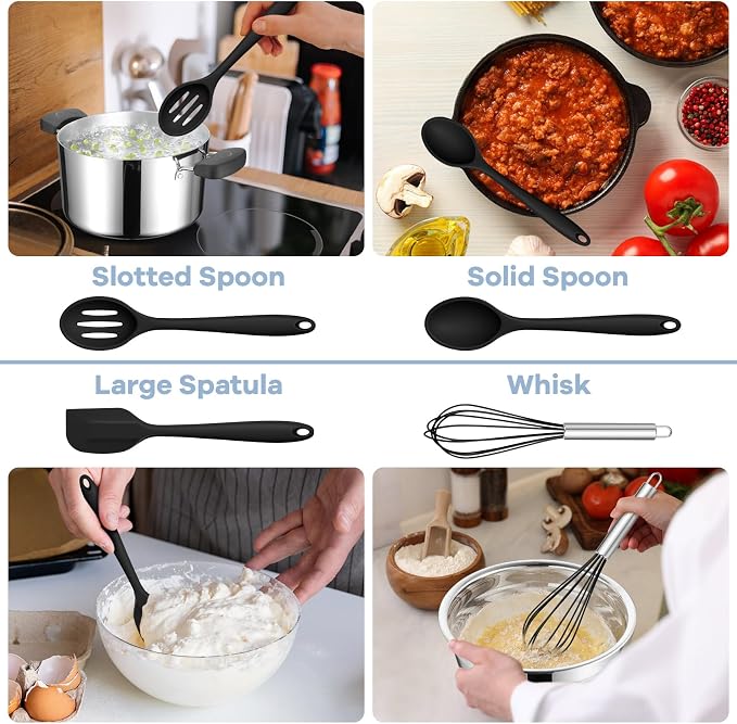 TeamFar Silicone Cooking Utensils Set, 8 PCS Kitchen Utensils Set, 446°F Heat Resistant, Turner, Spatula, Spoon, Whisk, Kitchen Cooking Gadgets Tools for Nonstick Cookware, Dishwasher Safe-Black