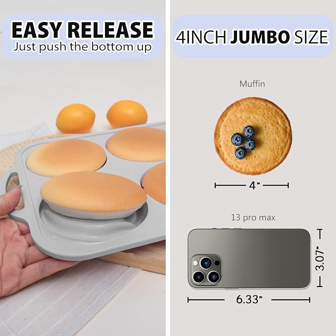 4 Inch Jumbo Silicone Muffin Top Pan with Metal Frame, Non Stick Silicon Egg Mold for Oven, Large Whoopie Pie Baking Pan with Handle for English Breakfast Sandwich, Egg Bite, Bun Tart,Light Grey