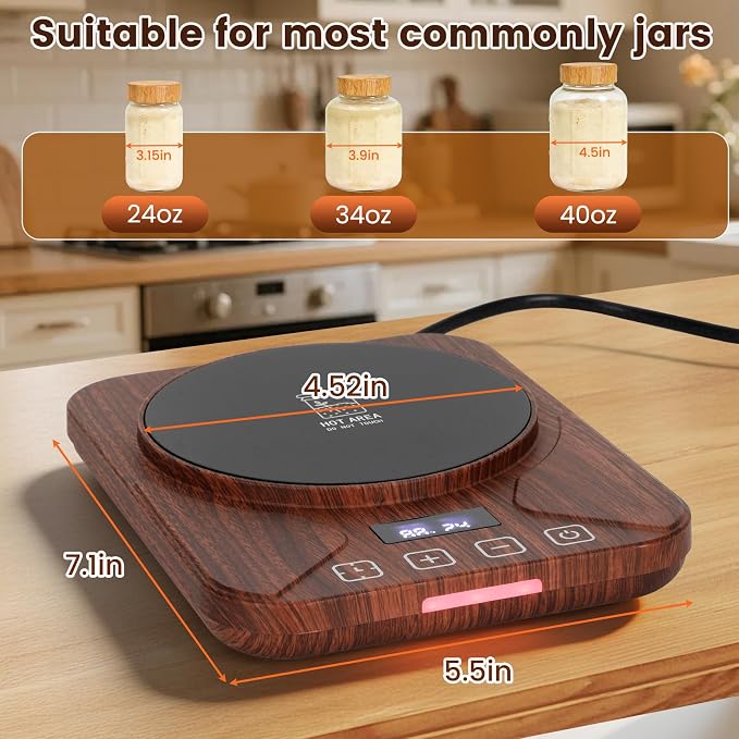 Sourdough Starter Warmer with 1°F Thermostat Control(70-100℉)24H Timer Memory Function Heating Pad for Fermentation, Heating Mat for Home Baking Fits Jars Up to 40oz (Wood Grain)