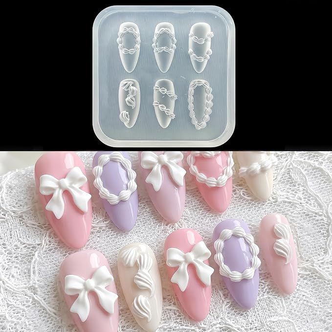 3D Nail Art Silicone Mold, Kawaii Whipped Cream Piping Icing Decoden Mold for Nails, 6 Cavities Cake Frosting Ribbon Resin Acrylic Casting Molds for Women Girls DIY Coquette Manicure Tools