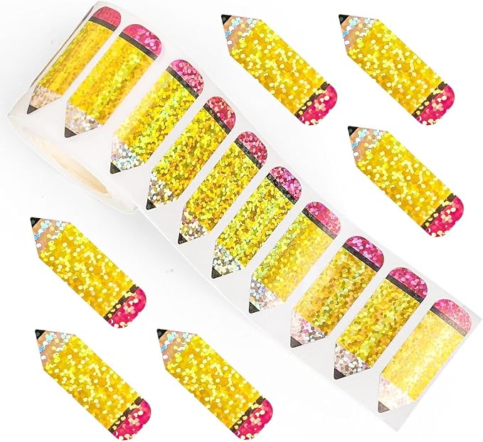 500Pcs Back to School Stickers Roll Glitter Pencil Stickers Holographic Self Adhesive Envelope Decals for First Day of School Labels Sticker Scrapbook Scrapbook School Party Supplies