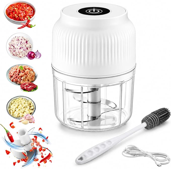 Household Electric Garlic Crusher, Mini Electric Food Chopper with 6 Blades, 350ml Cordless Garlic Mincer with Lid, One-Touch Food Processor for Onion, Ginger, Chili, Herbs, Nuts (White)