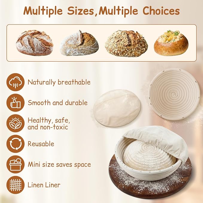 Set of 8 Banneton Bread Proofing Basket with Liner, 5-inch and 9-inch Round Small Mini Bread Proofing Sourdough Bowl, for Sourdough Making, Baking Supplies for Home and Bakery