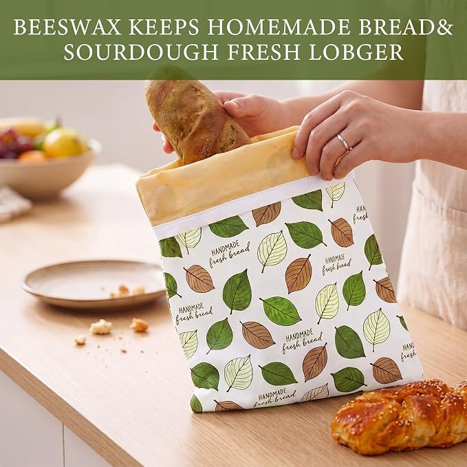 2 Pack Reusable Beeswax Bread Bags for Homemade Sourdough XL 17x13 Inch Beeswax Bread Bags for Storage Large Linen Bowl Cover Keeping Fresh Longer Safe Storage(Bodhi Leaf)