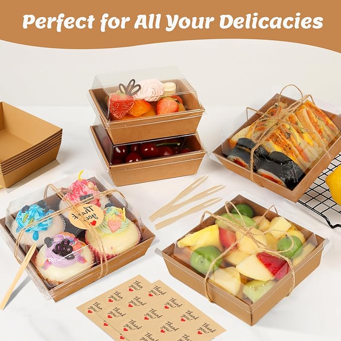 24 Pack Small Charcuterie Boxes with Clear Lids, Paper Mini Charcuterie Box To Go, Disposable Food Container with Lid, Dessert Boxes for Sandwich, Cookie, Sushi, Cake Slice, and Strawberries