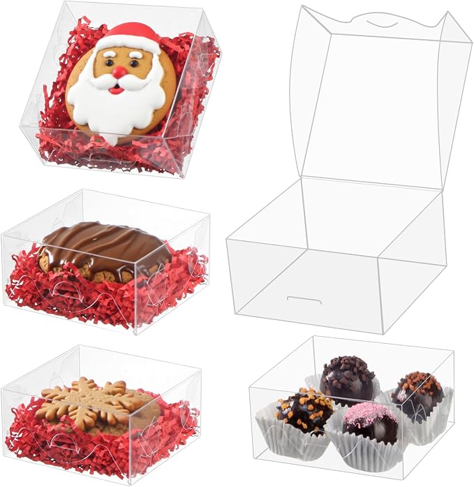 TEMLQPACK 100PCS Cookie Boxes 3¼"×3¼"×1½" Clear Mini Bakery Boxes for Donuts, Cookies, Macarons, Brownies, Soap & Chocolate Truffles