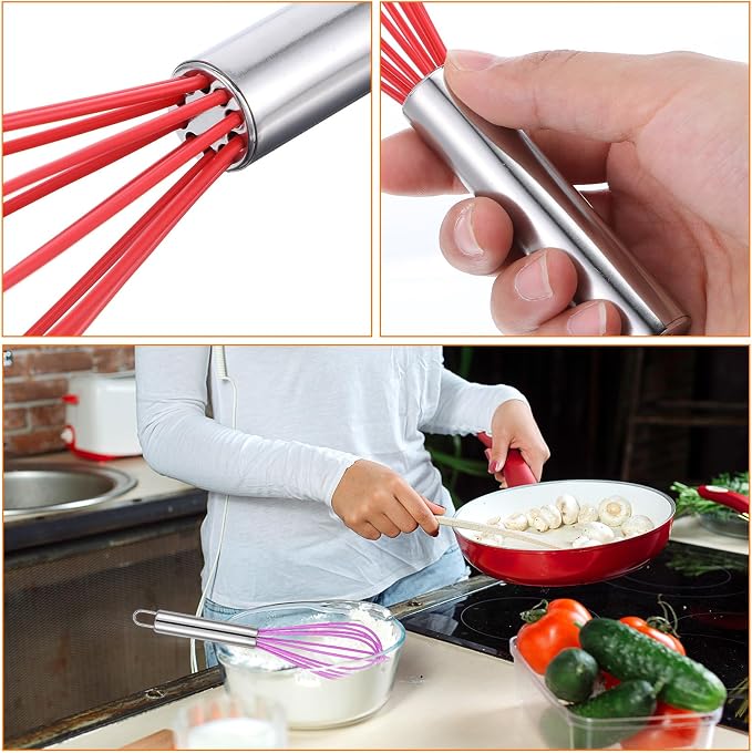 24 Pcs 8 Inch Whisks Bulk for Cooking, Silicone Whisks Non Scratch Stainless Steel Hand Whisk Large Coated Metal Heat Resistant Egg Beaters for Cooking