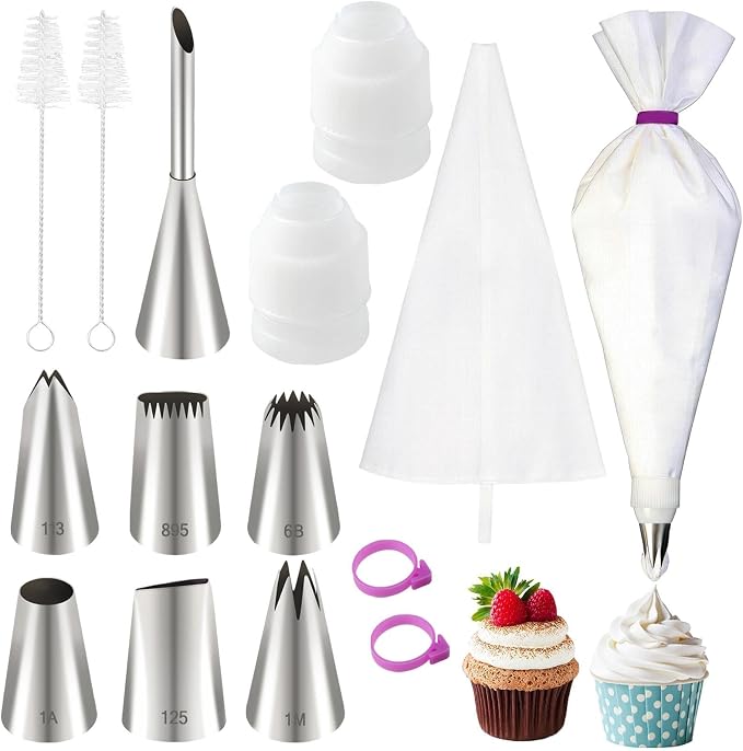 15pcs Reusable Cotton Piping Bags and Tips Set with 7 Stainless Steel Piping Tip, Large Piping Tips and Churro Tip for Cake Cupcake Pastry Decoration and Cream Puff Filling