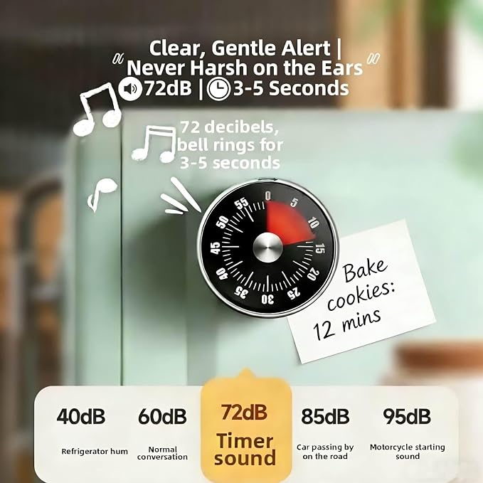 Mechanical Kitchen Timer, 60 Minute Wind Up Magnetic Visual Cooking Timer with Loud Alarm, Stainless Steel No Batteries Countdown Timer for Kitchen Cooking, Classroom, Office, Chef, Teacher (Black)