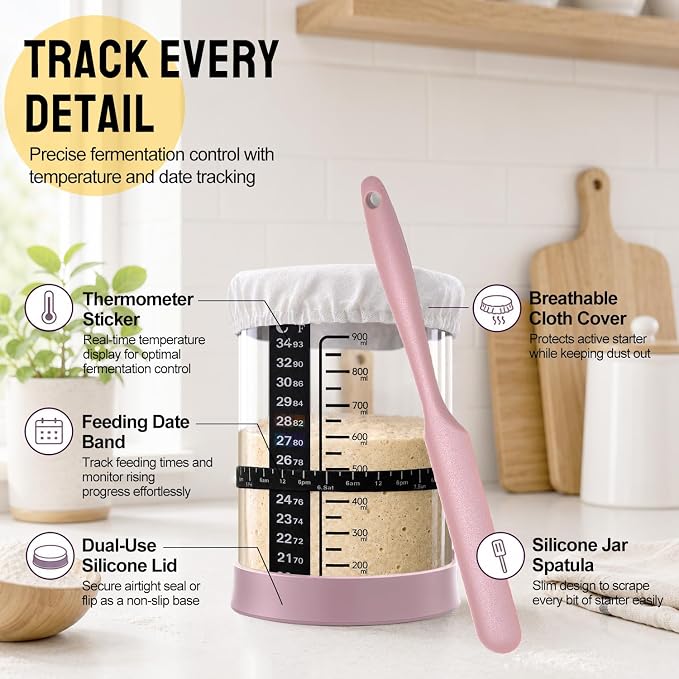 Sourdough Starter Kit, 9" Proofing Basket with 30oz Jar & Pink Silicone Lid | 9" Wood Pulp Banneton Bread Basket Reduces Sticking, 30oz Glass Jar with Lid Keeps Fresh, For Home Baking, Beginners & Pros