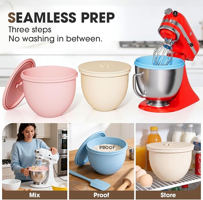 Snuggery 3Pcs 4.5QT Silicone Bowl Liner for KitchenAid Tilt-Head Stand Mixers – Food-Grade Silicone Insert with Sealable Lid, Vent Holes & ml Markings – Heat-Resistant, Stackable Design