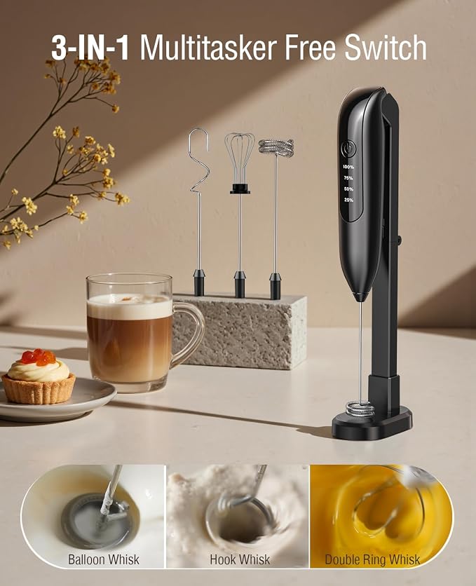 Electric Milk Frother Handheld: coffee frother rechargeable 𝟑 𝐢𝐧 𝟏 - LED Display, Adjustable Wireless Charging - 3 Speeds, Stainless Steel Whisk for Latte, Cappuccino - Bright Black