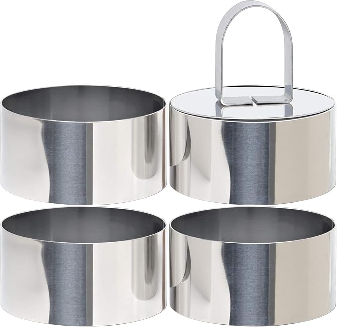 HULISEN Round Cake Ring Mold, Stainless Steel 3” Cooking Crumpet Rings with 1 Pusher & 4 Food Form, Tuna Tartare Mold for Pancake, Salad, Mousse