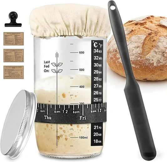 Sourdough Starter Kit for Beginners, 34oz Wide Mouth Sourdough Starter Jar with Guide & Recipes, Fridge Magnet Clip, Thermometer, Feeding Band, Spatula, Cloth & Aluminum Lid, Bread Baking Supplies