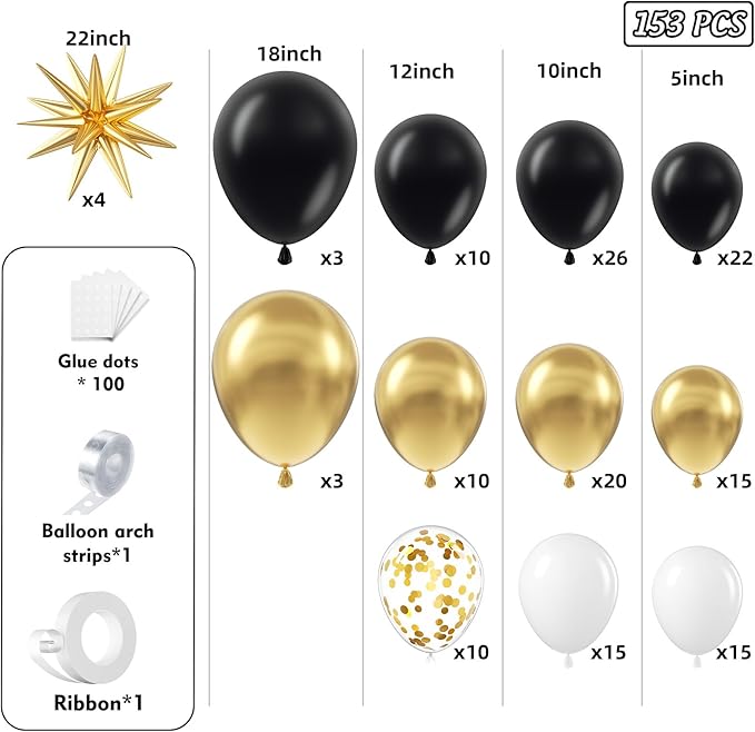 Black and Gold Balloon Arch Garland Kit with Star, 22 18 12 10 5in Different Size Black Metallic Gold White Latex Balloons for Birthday Anniversary 2026 Graduation New Year Party Decoration