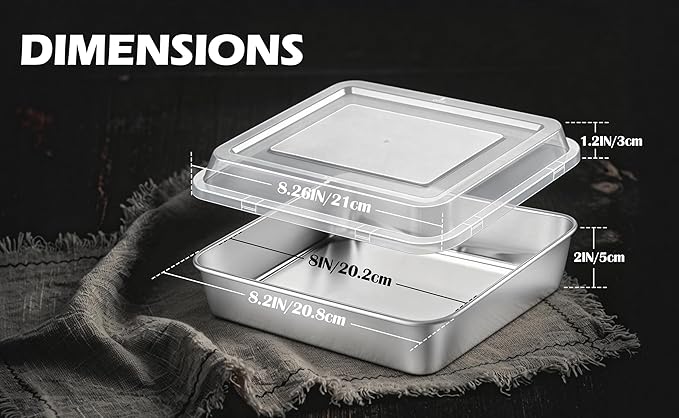 Leonyo Stainless Steel 8x8 Baking Pan with Lids, 1 Set Metal 8IN x 8IN Square Cake Pans with Lids, Commercial Brownie Pans Baking Dish for Lemon Bars, Dishwasher Safe(Except for Plastic Lids)