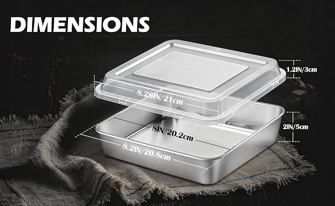 Leonyo Stainless Steel 8x8 Baking Pan with Lids, 2 Set Metal 8IN x 8IN Square Cake Pans with Lids, Commercial Brownie Pans Baking Dish for Lemon Bars, Dishwasher Safe(Except for Plastic Lids)