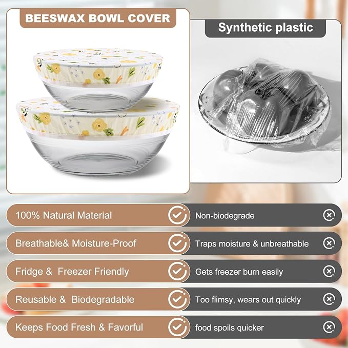 Reusable Beeswax Bowl Covers 3 Pack, 10 Inch (2 Medium)+ 12 Inch Elastic Sourdough Bowl Cover for Bread Proofing, Shower Caps for Bread Proofing Basket, Mixer Bowls