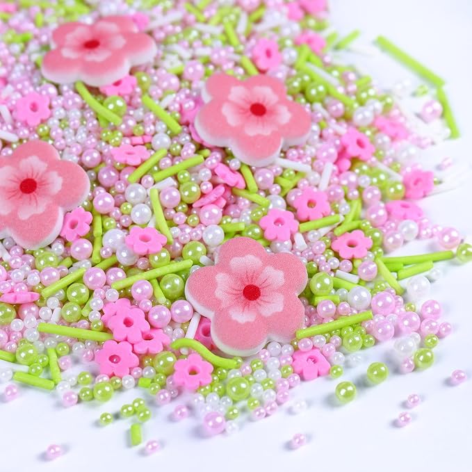 Edible Flowers Cake Decorations, 4 Pink Sugar Flowers, White Green Pink Pearls, Jimmies for Cake Decorating, Cupcake Toppers, Cookies Dessert(3.5oz/100g)